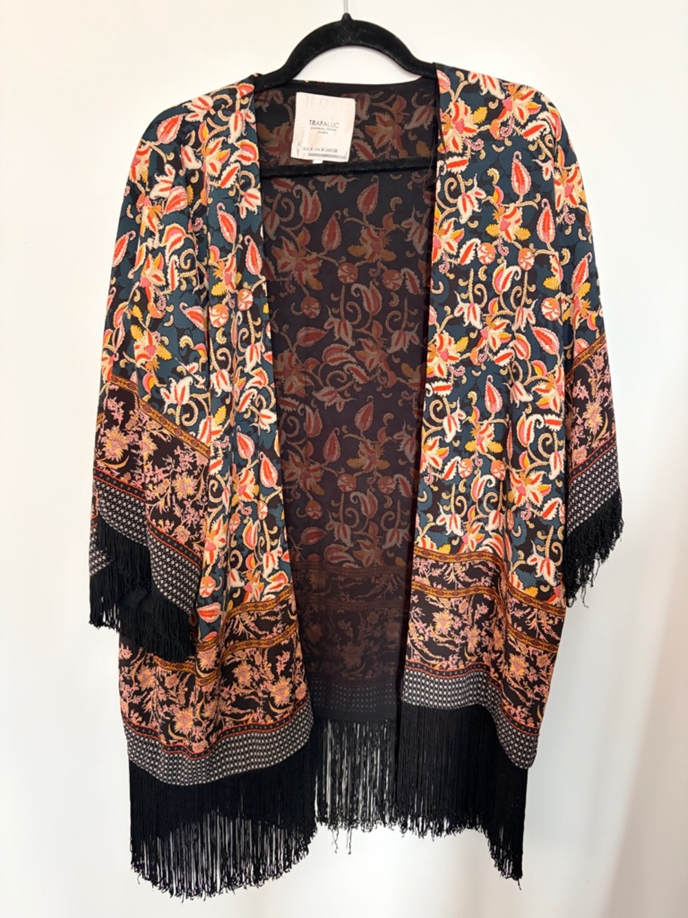 Zara Trafaluc Black Floral Fringe Kimono with Rust & Mustard Accents - M